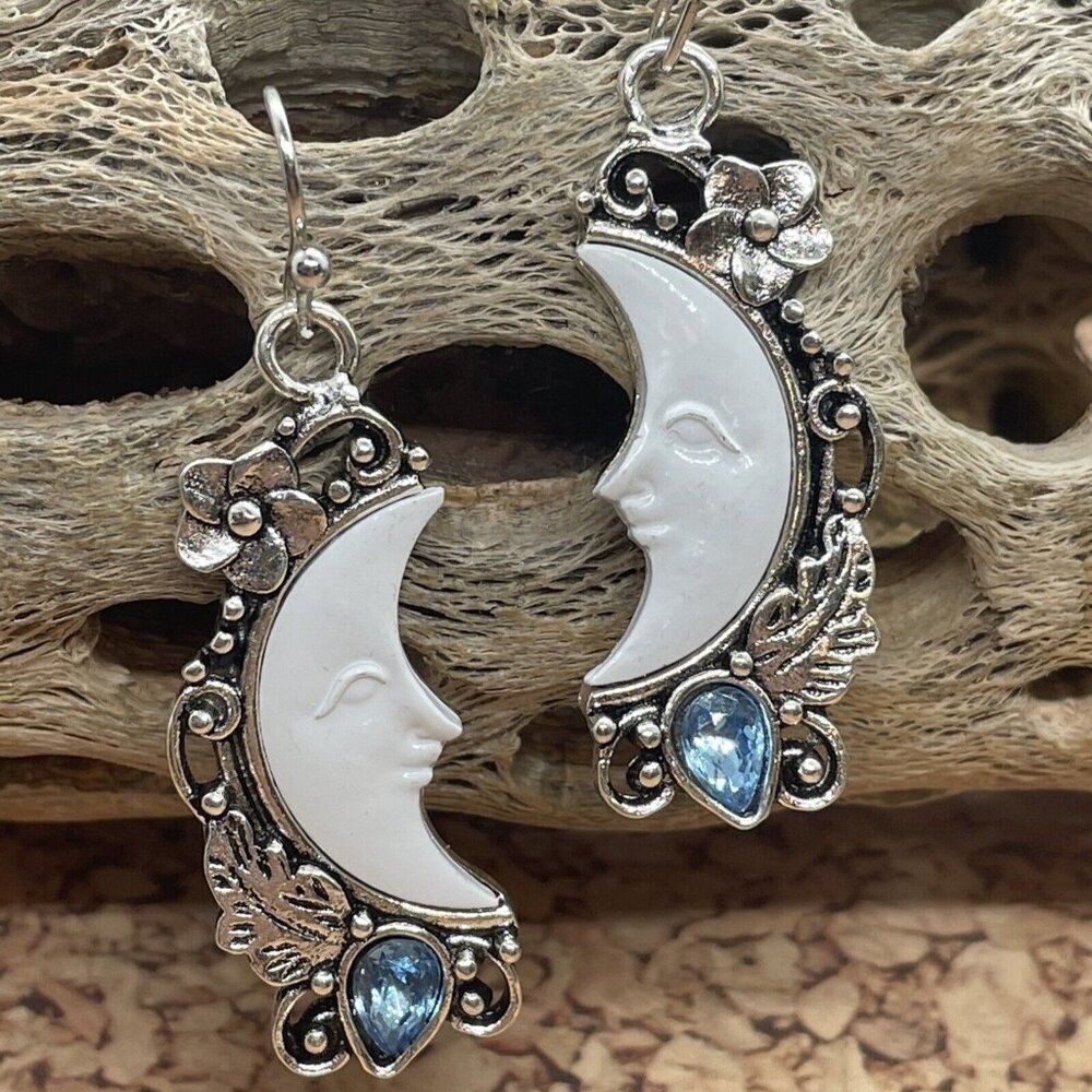 Celestial Moon Stars Blue Rhinestones Fancy Earrings Southwest Western Bohemian - Picture 2 of 6